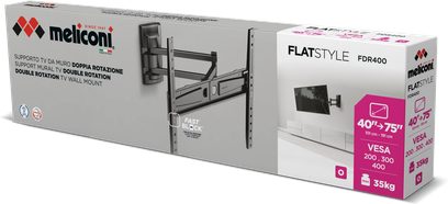 Vægbeslag til TV Meliconi FDR 400 FLAT FB, rektangulær boks, grå baggrund, sort tekst, sort billedstøtte, rødt logo