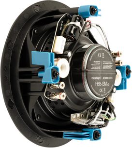 Wbudowany sufitowy głośnik H65-SM v2, widok z tyłu, czarna okrągła konstrukcja, komponenty elektroniczne, niebieskie mocowania