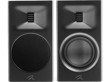 Cassa acustica Motion B10 nero laccato con due unità, una con griglia circolare nera e una con altoparlante visibile argentato