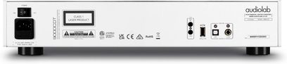 Lecteur CD haute-fidélité Audiolab 9000CDT argent vu de dos avec connecteurs, interrupteur, inscriptions et pieds noirs