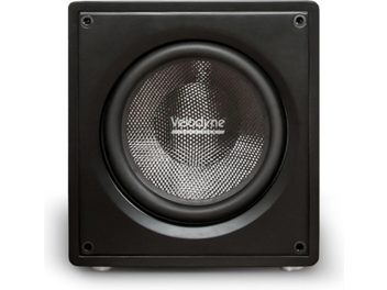 Subwoofer Velodyne VI-Q 10 negro, vista frontal con altavoz circular de cono metálico texturizado