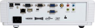 Optoma EW400 hvid videoprojektor, set forfra, med bagside stik og porte som HDMI, VGA, USB, lyd og video