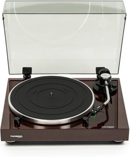 Thorens TD 204 A pladespiller i valnøddetræ, åbent låg, pickup-arm på pladen