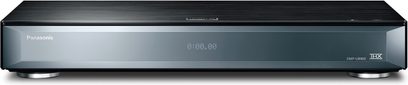 Panasonic DMP-UB900 black 4K Blu-ray player, front view, blue digital display showing "0:00.00", glossy front panel
