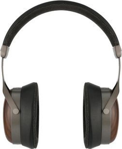Mustat Sivga SV021 PRO -hifi-kuulokkeet edestä kuvattuna, pehmustettu sanka, mustat korvapehmusteet ja ruskeat puunsyykuvioiset kupit