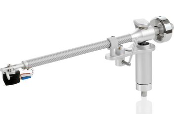 Braço de leitura ClearAudio Verify em metal brilhante sobre suporte ajustável, base retangular, cabos coloridos