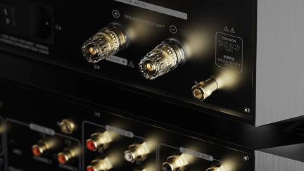 Vergoldete Audiostecker, Rückansicht, zwei Hauptanschlüsse oben, mehrere Anschlüsse unten, schwarzes Gehäuse