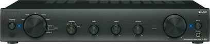 Onkyo A-5 VL sort hi-fi stereforstærker, set forfra, knapper og stik på forsiden, blå LED-display, rektangulært mat sort kabinet