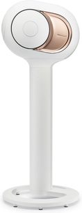 Pie de altavoz DEVIALET TREE blanco, vista frontal, forma cilíndrica blanca con altavoz circular dorado integrado