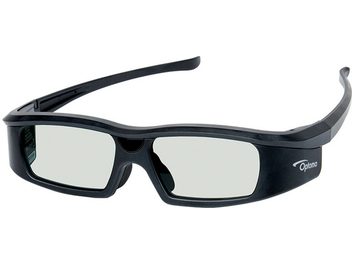 Optoma ZF 2100 juodos 3D akiniai, priekinis vaizdas, atidaryti šonai, permatomos stačiakampės lęšiai, plastikinis rėmelis