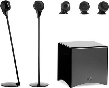 Cabasse 5.1 Eole 3 sort pakke: 5 sorte kugleformede højttalere på stativer og 1 rektangulær sort subwoofer
