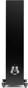 Výškový reproduktor MartinLogan Motion F10 v černé lakové úpravě z pohledu zezadu s viditelnými připojovacími svorkami a nastavitelnými kovovými nožičkami