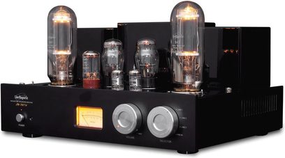 Line Magnetic LM-845IA rørforstærker i sort set forfra, 2 oplyste effektrør på hver side, knapper og stik på forsiden