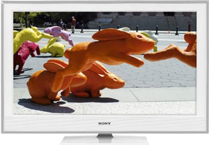 Sony KDL-32E4020 fladskærms-TV med farvede origami-kaniner på et flisegulv, set forfra