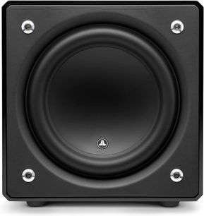 Субуфер JL Audio E-Sub e112 с черен лак, изглед отпред, кубична форма, централен кръгъл говорител с матово черно покритие