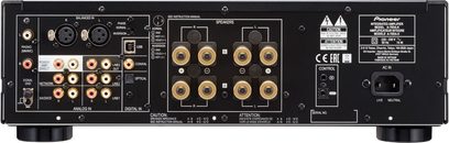 Pioneer A-70DA sølvfarvet stereo hi-fi-forstærker, bagside, analog og digital lydtilslutning, kontroller, højttalerstik