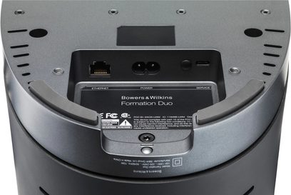 Trådløs tilsluttet Bowers & Wilkins Formation Duo højttaler i sort, set ovenfra, med synlige porte og kontrolknapper