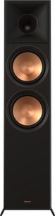 Sloupový reproduktor Klipsch RP-8000F II ebony edice 2022 černý, pohled zepředu, dva kulaté měděné reproduktory v matném černém těle