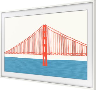 Samsung The Frame 55 inch witte tv-lijst, zijaanzicht, weergave van gestileerde rode brug boven blauwe zee