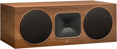 Hlavní reproduktor MartinLogan Foundation C1 v ořechovém provedení, pohled zepředu, dřevěná skříň, 2 kulaté černé reproduktory, černý obdélníkový výškový reproduktor