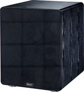Sort Alpha RS 12 subwoofer, set fra en vinkel, rektangulær sort front, sider med træmønstret tekstur, afrundede hjørner