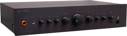 Amplificatore hi-fi stereo TA-400MIC (2023), vista frontale, pulsanti di controllo, presa per cuffie, porte USB e microfono, interruttore luminoso