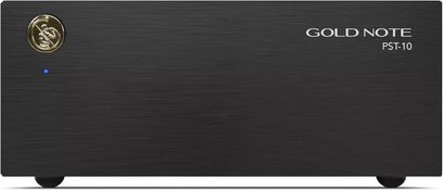 Separate hi-fi power supply Gold Note PST-10, black brushed front panel, round gold logo on the left, blue LED indicator