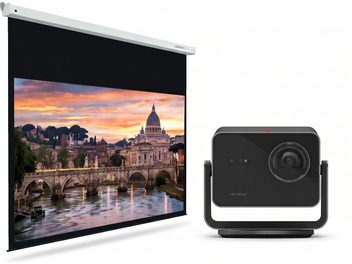 Čierny videoprojektor Leica Cine Play s rozvinovacím projekčným plátnom, pohľad spredu