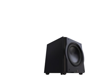 Perlisten R12s subwoofer, hoekaanzicht, zwarte behuizing, ronde luidspreker, zichtbare voetjes, glad oppervlak