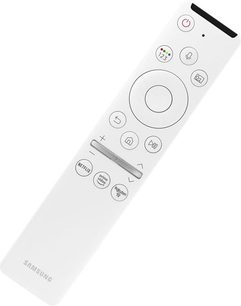 Bílý dálkový ovladač Samsung s šedými tlačítky a ikonami pro ovládání videoprojektoru The Premiere SP-LSP9TFA