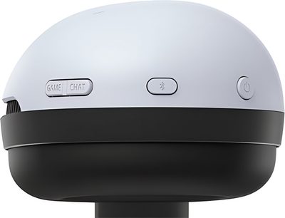 Dichtbijzijnde zijaanzicht van de witte en zwarte Sony Inzone H9 gaming-headset van kunststof, rechter oorschelp met geribbelde draaiknop, Game / Chat-schuifregelaar, Bluetooth-knop en aan/uit-knop