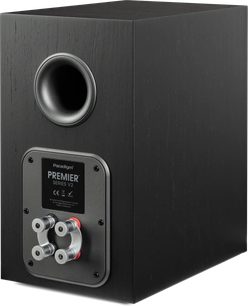 Altavoz de estantería Paradigm Premier 120B v2 negro vista trasera con puerto circular y doble bornero plateado