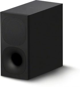 Sony HT-S400, sort subwoofer i sort, rektangulær form, metalgitter øverst, cirkulær åbning nederst, set i perspektiv