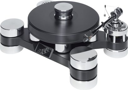 Tredjehåndsvisning av en Transrotor Dark Star Silver Shadow RB330 hi-fi platespiller i matt svart akryl, utstyrt med tre sylindriske føtter i polert sølvmetall, et tykt rundt svart tallerken, en krommet platevekt og en metallisk tonearm