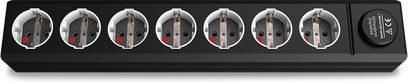 Multipresa EAT Essential Audio Tools MM7 nera con 7 prese di corrente rosse rotonde e interruttore laterale, vista frontale