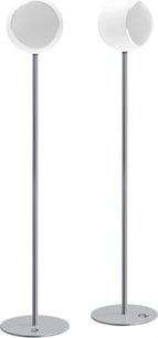 Due supporti per diffusori Elipson Pied Planet M in metallo grigio, composti ciascuno da un'asta verticale e da una base circolare piatta