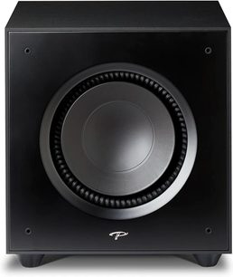 Paradigm Defiance X12 sort satineret basrør, set forfra, kubisk form, central rund højttaler, sort beskyttelsesgitter