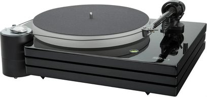 Hi-fi pladespiller Music Hall MMF 9.3SE sort, set ovenfra, tonarm, drejetallerken, kontrolknapper