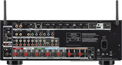 Denon AVR-X3400H sort hjemmebiografsforstærker, set forfra, tilslutninger på bagsiden, knapper og drejeknapper på toppen