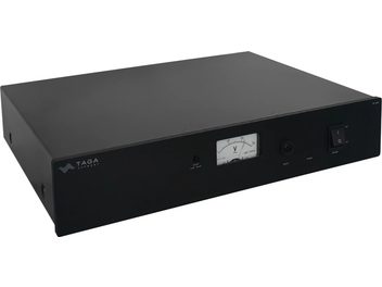 Conditionneur secteur Taga Harmony PF-2000 noir en boîtier métal, vue trois-quarts, façade avec voltmètre et interrupteur