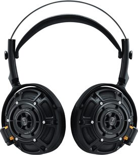 Cuffie hi-fi aperte Yamaha YH-5000SE nere in metallo e pelle, con padiglioni a griglia e viti a vista, doppia fascia, vista frontale