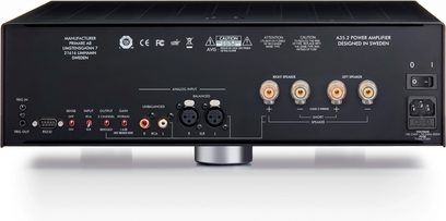 Amplificatore di potenza Primare A35.2 nero, vista frontale, con connettori e controlli sul pannello frontale e superiore