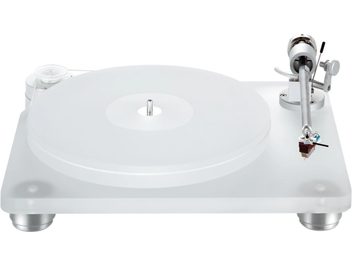 Tocadiscos de vinilo ClearAudio Emotion SE, vista superior, plato blanco, brazo de lectura plateado con cápsula roja, sobre fondo blanco