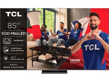 Televizor TCL 85C8L 85 palců, plochá obrazovka s tenkým rámečkem s vizuálem fanoušků v dresech TCL