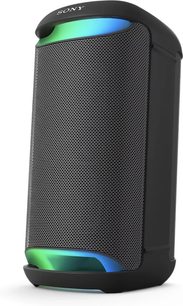 Bærbar Bluetooth-højttaler Sony SRS-XV500, set fra en vinkel, sort metalgitter, grønne og blå LED-lys