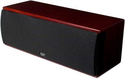 Klipsch Icon WC-24 sort centralhøjttaler, perspektivisk forfra, rektangulært træhøjttalerkabinet, sort gitter, rød stribe