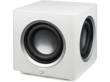 MartinLogan Abyss 8 valkoinen satiini subwoofer, mattavalkoinen viimeistely, kuutiomainen muoto, kolmen neljäsosan näkymä kahdella pyöreällä aukolla