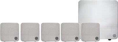 Compacte luidsprekerset Cambridge Audio Pack MSX10 5.1 wit met vijf vierkante satellieten en een witte subwoofer