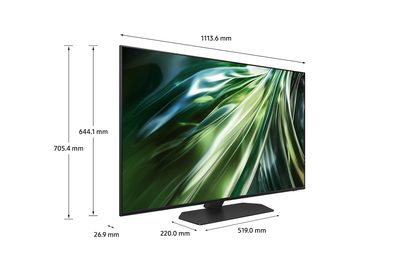 Televizor Samsung TQ50QN90D 2024 zepředu, plochý obdélníkový displej zobrazující zelené listy, uvedené rozměry