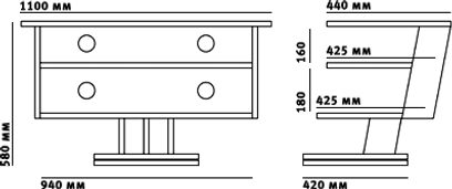 Schroers & Schroers Thelo 110 Plus audio-videomøbel, set forfra med dimensioner i millimeter, 2 skuffer, 3 nicher